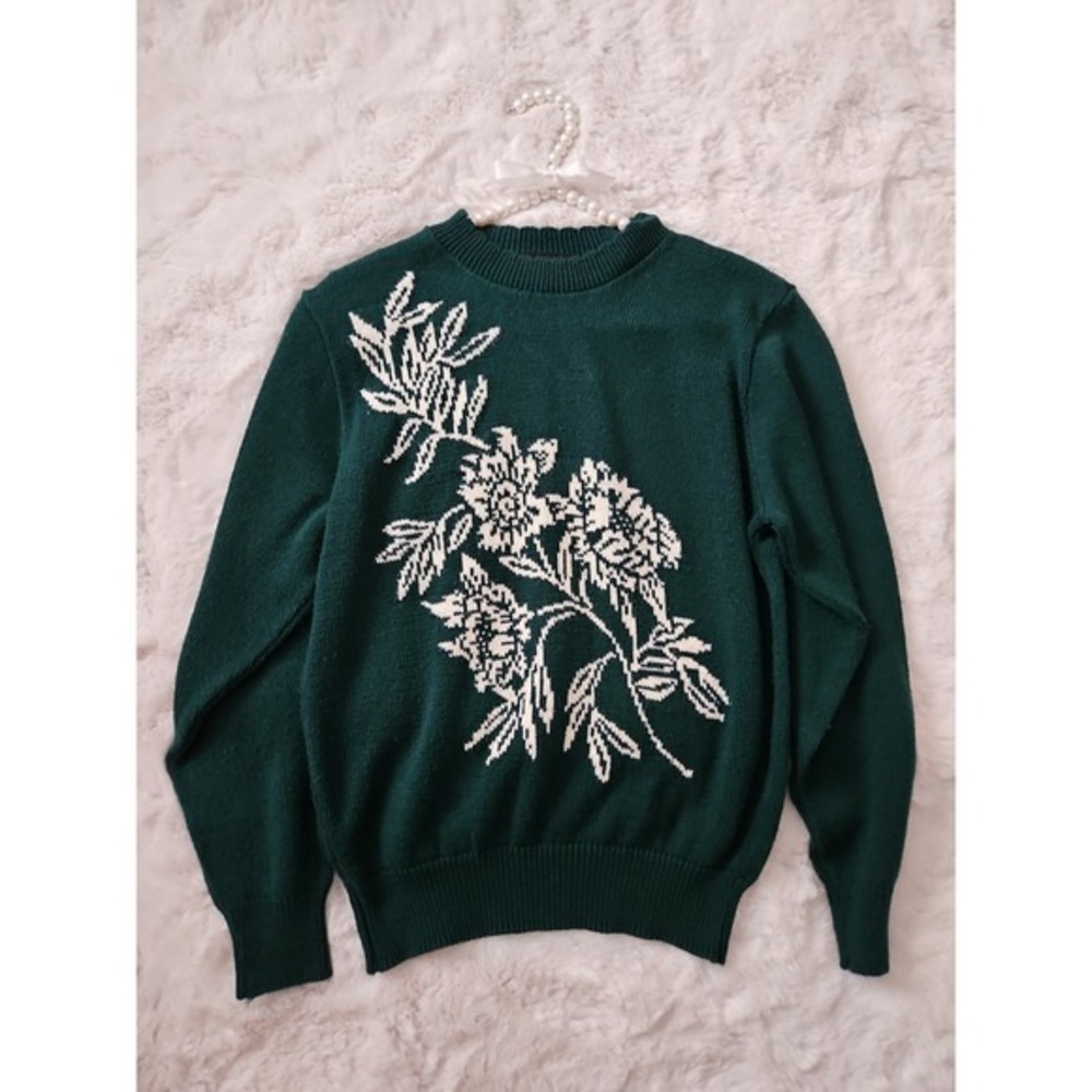 Southern‎ Lady Floral Knit Sweater Womens Small Green Excellent Vintage Pullover
